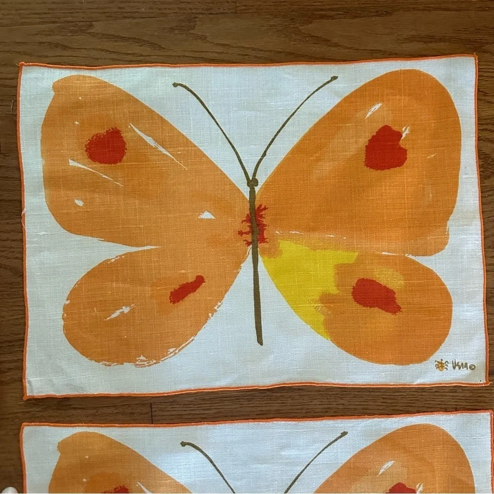 Set of 8 Vintage Vera Neumann Placemats Butterfly MCM Signed Retro Orange Cottag